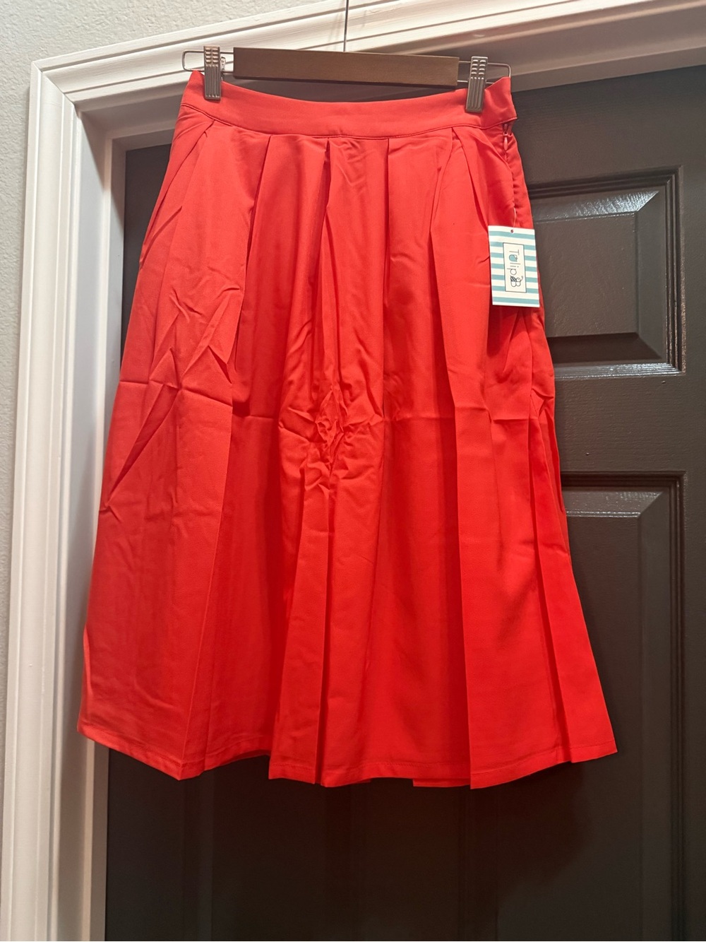New Tulip B Red Pleated Midi Skirt with Pickets